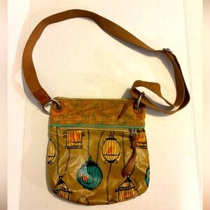 Fossil Key-Per Crossbody Bag Birdcage Print Canvas Leather Trim 10” x 9.5”